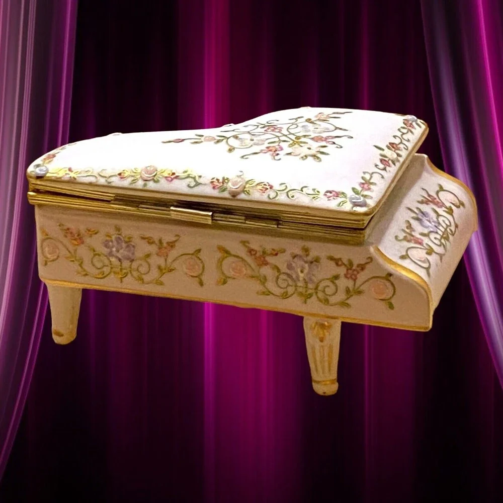 Vintage Piano Trinket Box Jewelry Japan Raised Embellished Floral Gold Trim